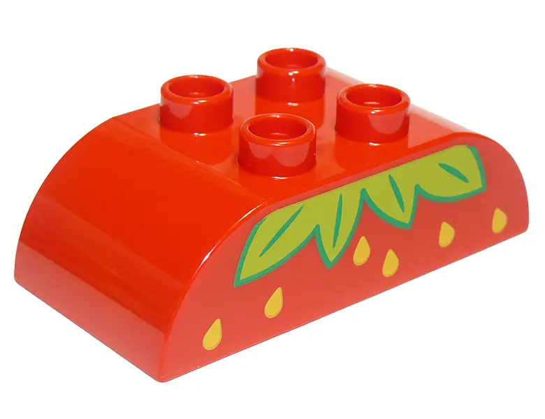 Red Duplo, Brick 2 x 4 Slope Curved Double with Lime Leaves and Yellow Seeds, Strawberry Pattern