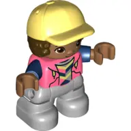 Duplo Figure Lego Ville, Child Boy, Light Bluish Gray Legs, Coral Top with Dark Blue Arms, Dark Brow