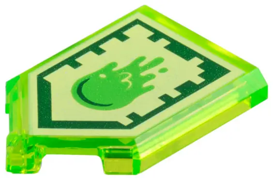 Trans-Bright Green Tile, Modified 2 x 3 Pentagonal with Nexo Power Shield Pattern - Slime Blast