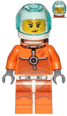 Astronaut - Female, Orange Spacesuit with Dark Bluish Gray Lines, Trans-Light Blue Visor, Freckles w