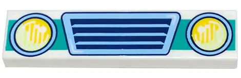 White Tile 1 x 4 with Bright Light Blue Vehicle Grille, Yellowish Green and Yellow Headlights, and D