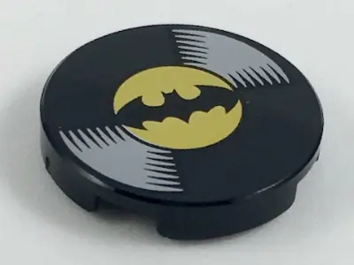 Black Tile, Round 2 x 2 with Bottom Stud Holder with Vinyl Record with Batman Logo Pattern