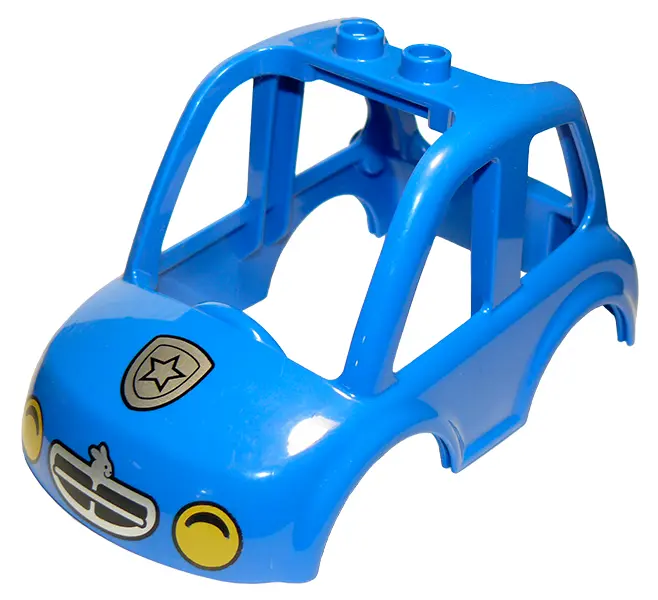 Blue Duplo Car Body High Cab 2 Top Studs with Yellow Headlights and Police Badge Pattern
