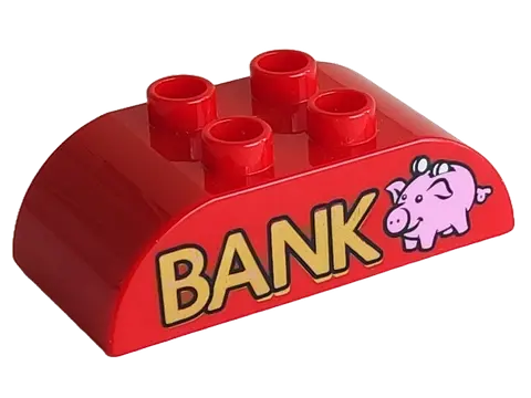 Red Duplo, Brick 2 x 4 Slope Curved Double with Gold 'BANK' and Bright Pink Piggy Bank Pattern