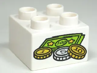 White Duplo, Brick 2 x 2 with Money Coins and Bills Pattern