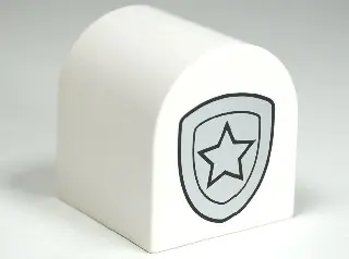 White Duplo, Brick 2 x 2 x 2 Slope Curved Double with Police Star Badge Metallic Silver Pattern