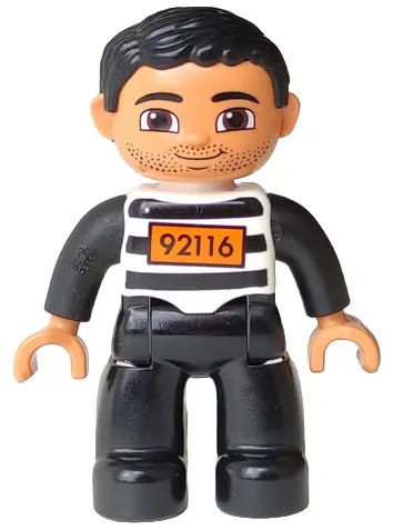 Duplo Figure Lego Ville, Male, Black Legs, Black and White Striped Top with Number 92116, Black Hair