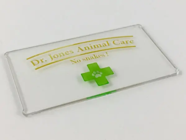 Trans-Clear Glass for Window 1 x 4 x 6 with Gold 'Dr. Jones Animal Care No Snakes!' and Green Cross 