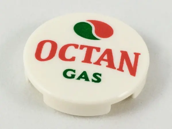 White Tile, Round 2 x 2 with Bottom Stud Holder with Octan Logo and 'OCTAN GAS' Pattern