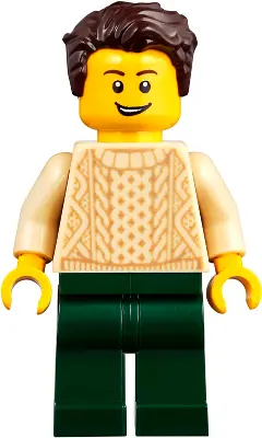 Man with Dark Brown Hair, Tan Sweater and Dark Green Legs