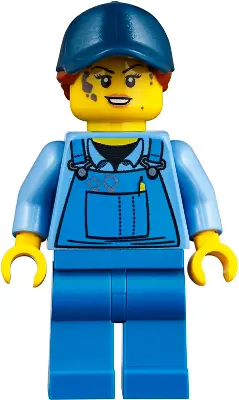 Mechanic - Female, Blue Overalls over Medium Blue Shirt, Blue Legs, Dark Blue Cap with Dark Orange P