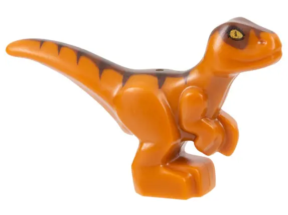 Dark Orange Dinosaur Baby Standing with Reddish Brown Back, Dark Brown Stripes, and Yellow Eyes Patt
