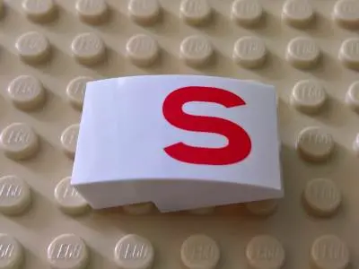 White Slope, Curved 3 x 2 with Red 'S' Pattern
