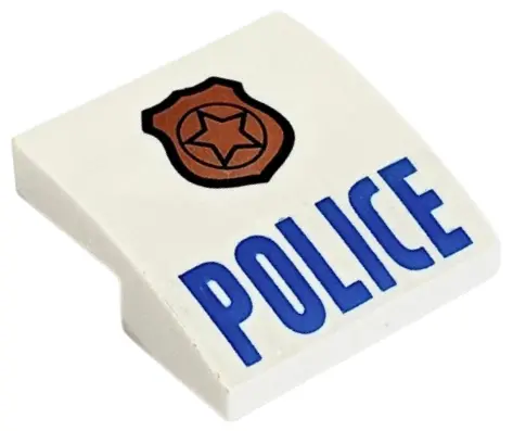 White Slope, Curved 2 x 2 x 2/3 with Copper Badge with Star and Black Outline, Blue 'POLICE' Pattern