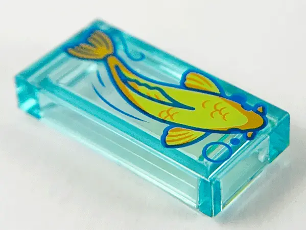 Trans-Light Blue Tile 1 x 2 with Bright Light Orange Koi Fish Facing Left Pattern
