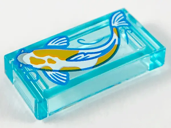 Trans-Light Blue Tile 1 x 2 with White Koi Fish with Dark Orange Spots Facing Right Pattern