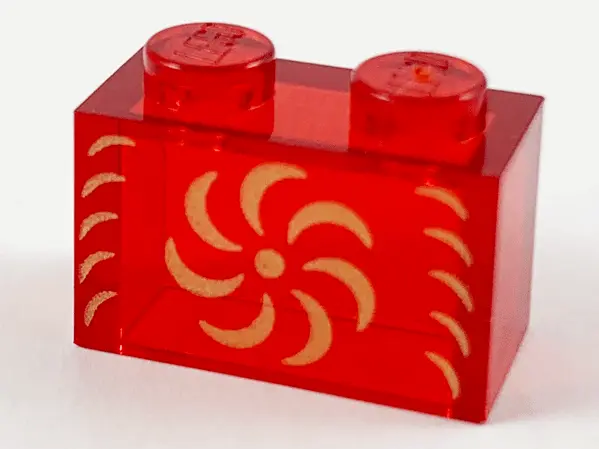 Trans-Red Brick 1 x 2 without Bottom Tube with Gold Pinwheel Pattern