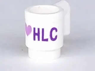 White Minifigure, Utensil Cup with Dark Purple and Medium Lavender 'I' Heart 'HLC' Pattern