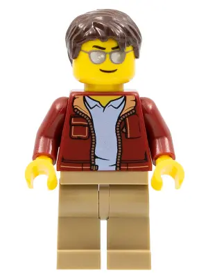 Man, Dark Red Jacket with Bright Light Blue Shirt, Dark Tan Legs, Dark Brown Short Tousled Hair, Sun