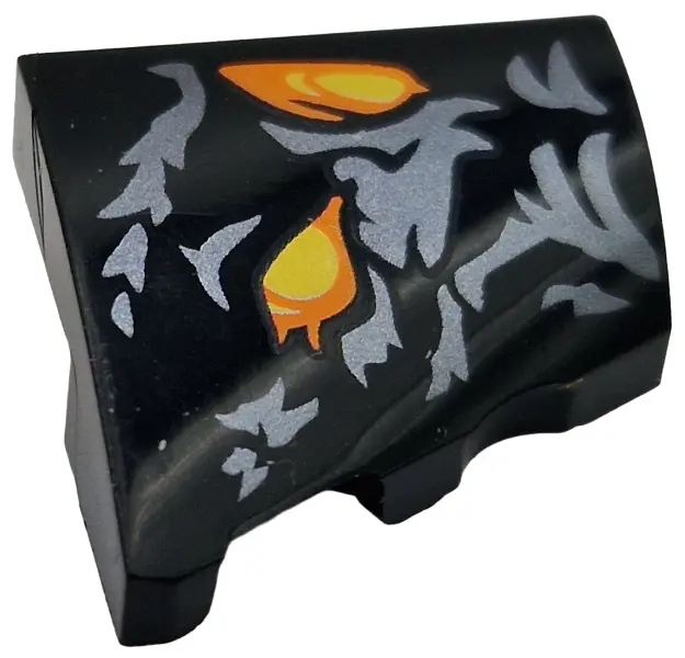 Wedge 2 x 2 x 2/3 Left with 2 Yellow and Orange Shapes and Dark Silver Markings Pattern (Balrog Face