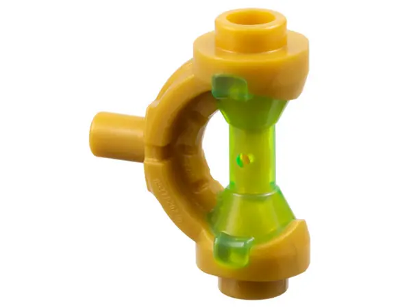 Pearl Gold Minifigure, Weapon Hilt with Curved Guard and Bar with Molded Trans-Bright Green Hourglas
