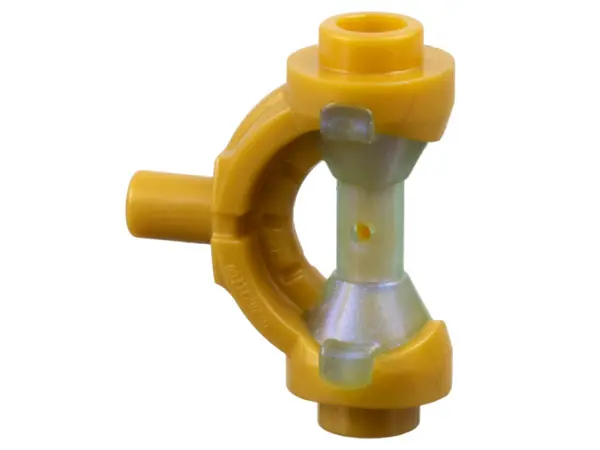 Pearl Gold Minifigure, Weapon Hilt with Curved Guard and Bar with Molded Satin Trans-Light Blue Hour