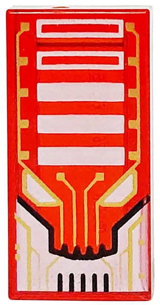 Tile 1 x 2 with Alien Robot Face with Gold Circuitry, Black Lines, White Eyes and Rectangles Pattern