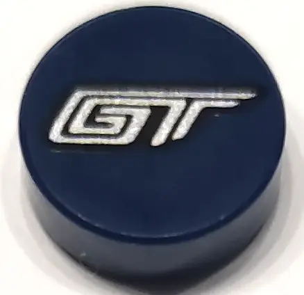 Dark Blue Tile, Round 1 x 1 with Silver 'GT' Pattern