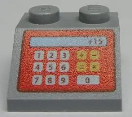 Light Bluish Gray Slope 45 2 x 2 with Red Cash Register and '+15' Pattern