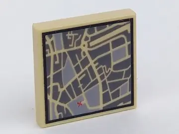 Tan Tile 2 x 2 with Map Street Level with Red 'X' Pattern