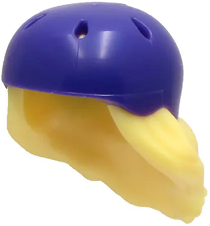Bright Light Yellow Minifigure, Hair Combo, Hair with Hat, Medium Length with Molded Dark Purple Bic