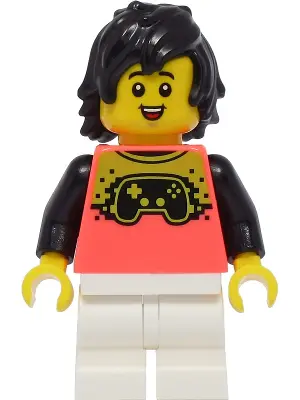Boy - Coral Shirt with Video Game Controller, White Medium Legs, Black Hair