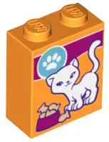 Orange Brick 1 x 2 x 2 with Inside Stud Holder with White Cat and Paw Print Cat Food Box Pattern
