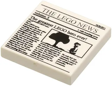 White Tile 2 x 2 with Newspaper 'THE LEGO NEWS', 'volume 3' and 'The greatest LEGO hero ever!' Patte