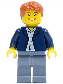 Dark Blue Jacket, Light Blue Shirt, Sand Blue Legs, Dark Orange Short Tousled Hair
