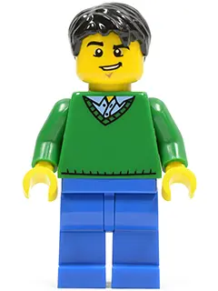 Green V-Neck Sweater, Blue Legs, Black Short Tousled Hair, Lopsided Grin