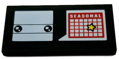Black Tile 2 x 4 with White BrickHeadz Head and Word Balloon with 'SEASONAL' and Yellow Star on Red 