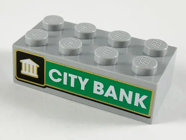 Light Bluish Gray Brick 2 x 4 with White Bank on Black Background, White 'CITY BANK' on Green Backgr