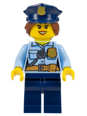 Police - City Officer Female, Bright Light Blue Shirt with Badge and Radio, Dark Blue Legs, Dark Blu