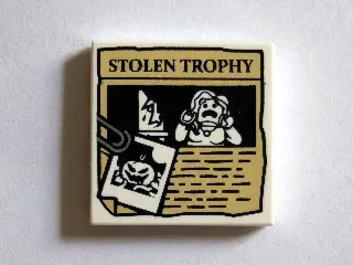 White Tile 2 x 2 with Paper Clip, Pumpkin Jack O' Lantern Image and 'STOLEN TROPHY' Newspaper Articl