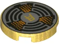 Pearl Gold Tile, Round 2 x 2 with Bottom Stud Holder with Asian Character, Broken Circles and Orange