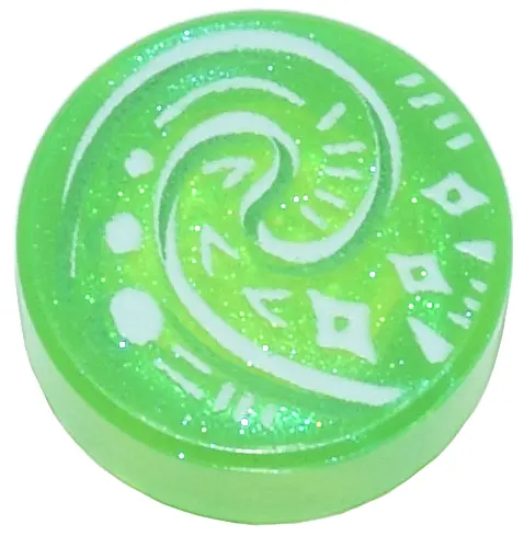 Satin Trans-Bright Green Tile, Round 1 x 1 with White and Bright Green Koru Spiral Symbol, Diamonds 