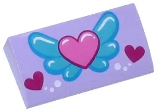 Lavender Slope, Curved 2 x 4 x 2/3 with Bottom Tubes with Pink Heart on Blue Wings, White Circles an