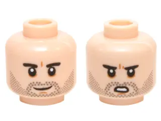 Light Nougat Minifigure, Head Dual Sided Black Eyebrows, Black Stubble, White Pupils Smiling / Open 