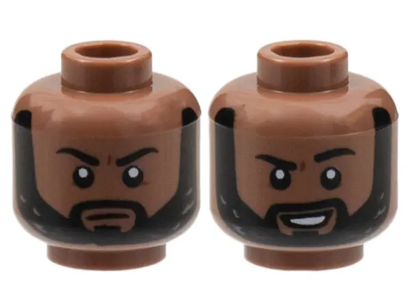 Medium Brown Minifigure, Head Dual Sided Black Eyebrows and Beard, Neutral / Grin with Raised Left E