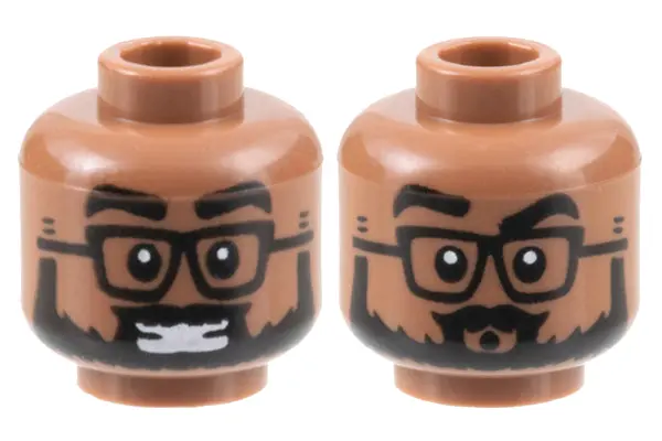 Medium Brown Minifigure, Head Dual Sided Black Eyebrows, Glasses, and Full Beard, Smile with Teeth /