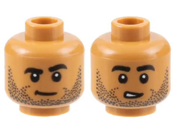 Medium Nougat Minifigure, Head Dual Sided Black Eyebrows and Stubble, Neutral / Lopsided Open Mouth 