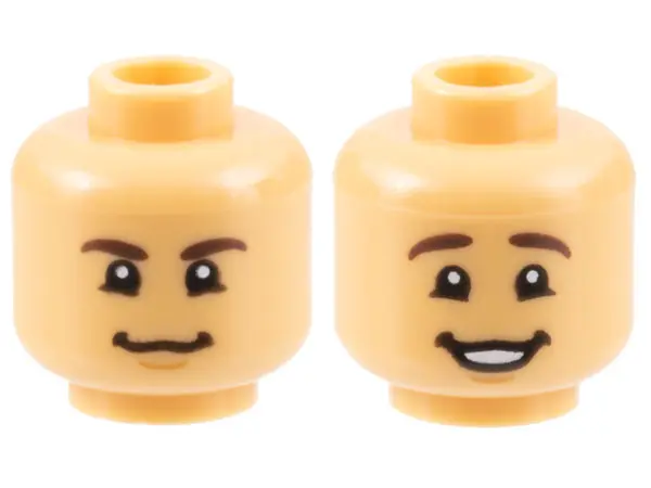 Medium Tan Minifigure, Head Dual Sided Dark Brown Eyebrows, Chin Dimple, Grin / Smile with Teeth Pat