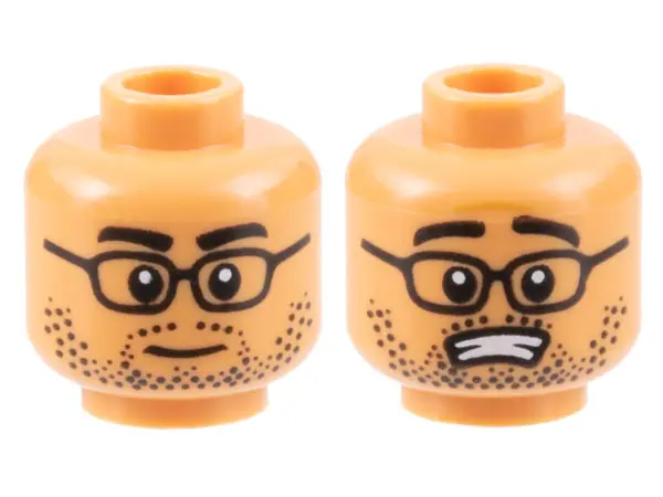 Nougat Minifigure, Head Dual Sided Black Eyebrows, Glasses, and Stubble, Neutral / Scared with Open 