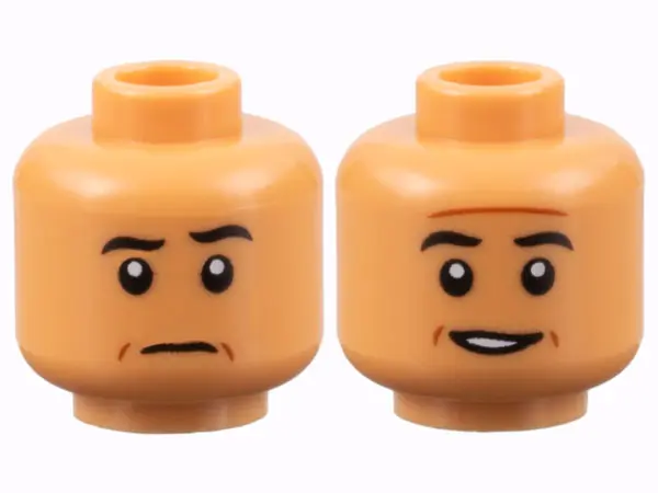 Nougat Minifigure, Head Dual Sided Black Eyebrows, Reddish Brown Contour Lines, Raised Eyebrow Left 